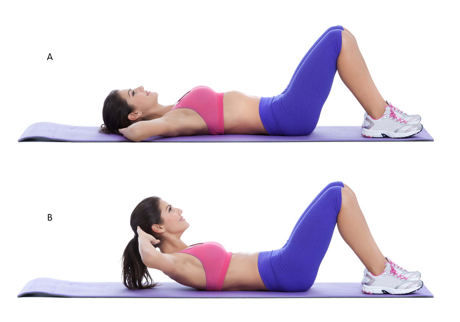 Step by step instructions for abs. Lie flat on your back and place your hands behind your head. Bend your knees and firmly plant your feet on the floor.