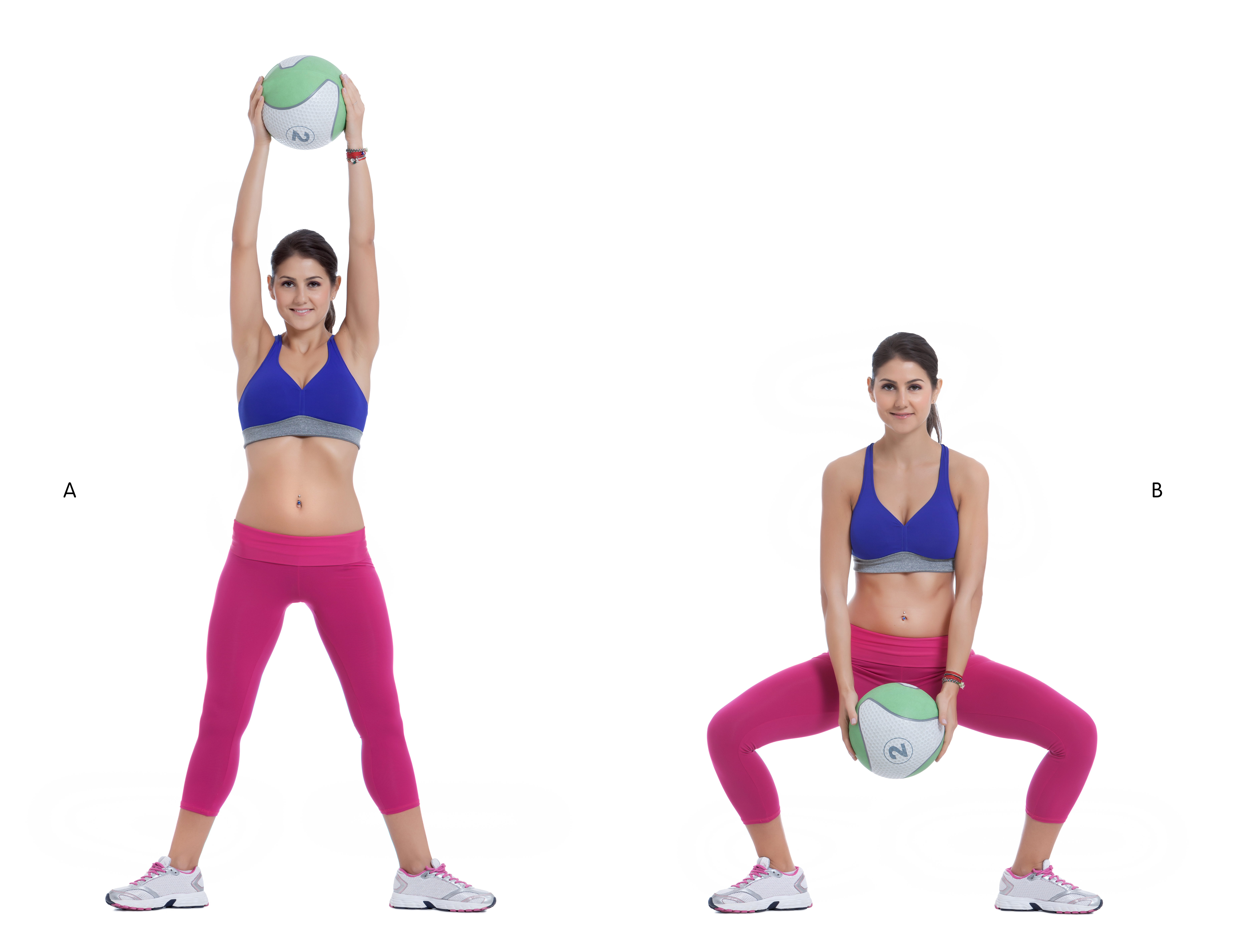 Step by step instructions: Stand with your feet wide holding a light medicine ball in front of you in both hands. (A) Squat down moving your rear back and keeping your knees over your ankles and lower the medicine ball to the floor keeping your head up an