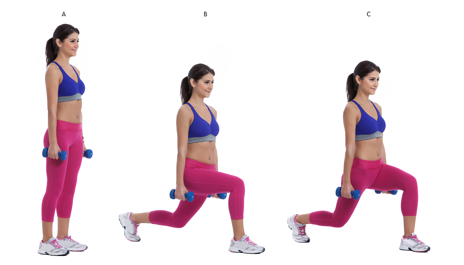 Step by step instructions: Hold a pair of dumbbells at arm's length next to your sides your palms facing each other. Stand tall with your feet hip-width apart and brace your core. (A) Step backward with your left leg. Then lower your body into a lunge.