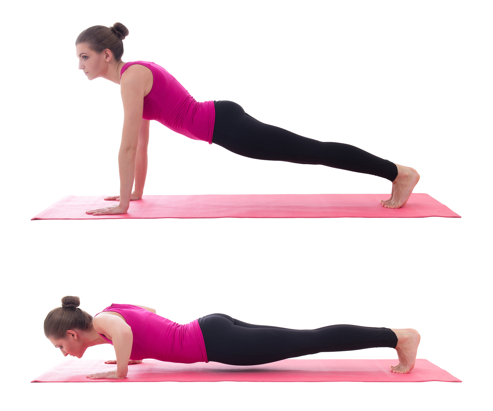 sport concept push up instruction - beautiful woman doing push up exercise on yoga mat isolated on white background