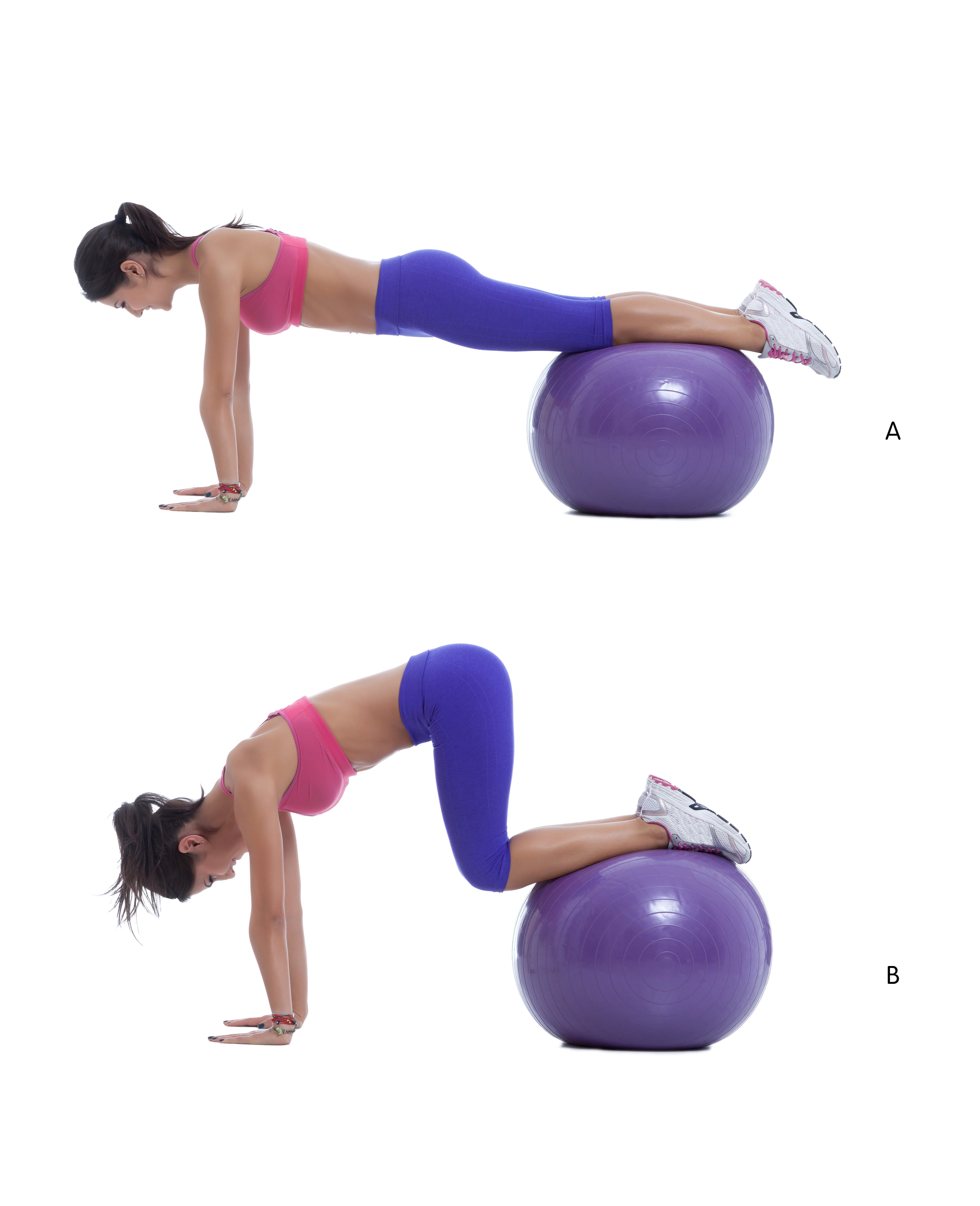 Step by step instructions for abs: Start in a push-up position with your feet up on the ball. Make sure that you engage your core and raise your hips so your back is flat before you begin. (A) Keep your back flat and try not to raise you hips as you draw