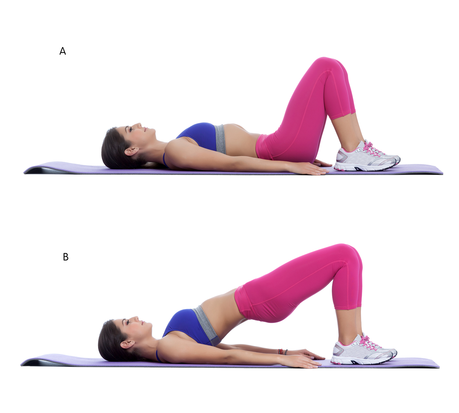 Step by step instructions: Lie on your back on the floor with your knees bent and your feet flat on the floor. (A) Now brace your core squeeze your glutes and raise your hips so your body forms a straight line from your shoulders to your knees (B)