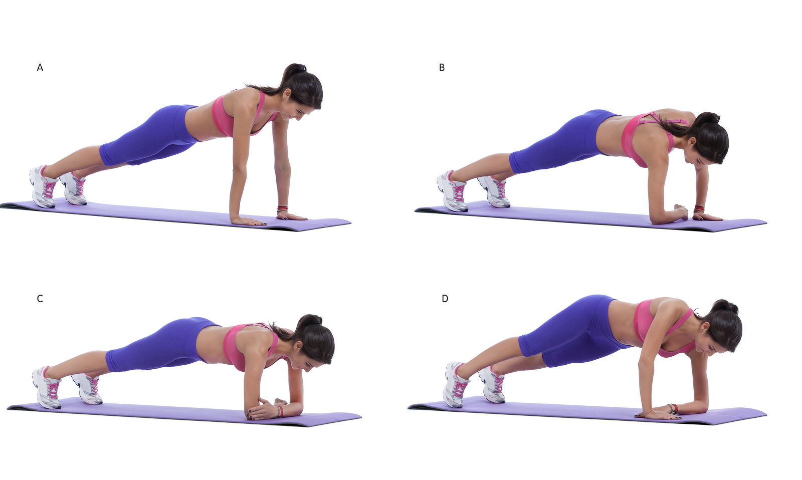 Step by step instructions: Get into plank position with arms straight. (A) Stay on your right elbow as the left arms remains straight. (B) Low your left elbow too. (C) Then stay on your left elbow as the right elbow remains straight. (D)